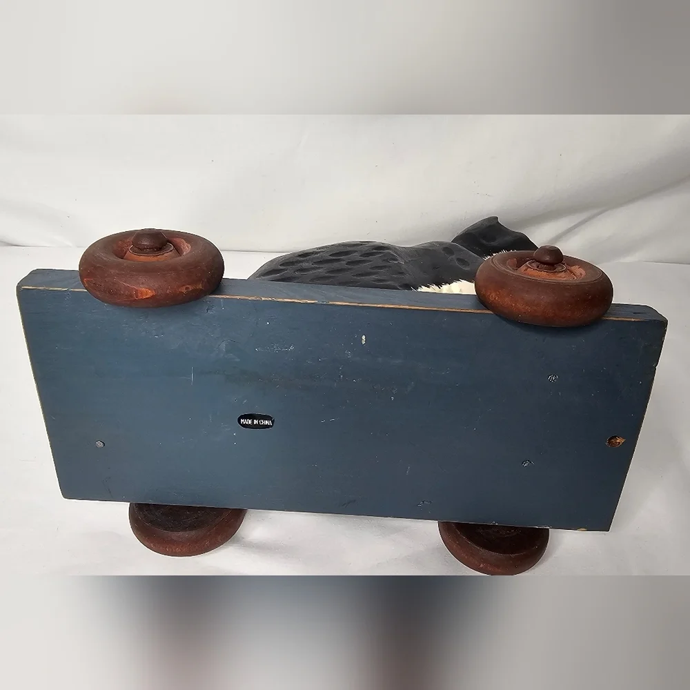 Vintage Hand Painted Wooden Tuxedo Cat Pull Toy Figurine on Wheels